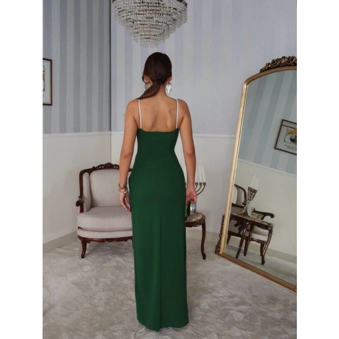 Kadın Omuz Askılı Derin Yırtmaç Detay Maxi Boy Elbise