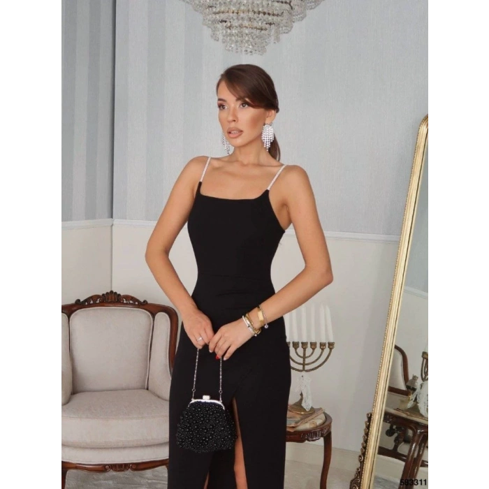 Kadın Omuz Askılı Derin Yırtmaç Detay Maxi Boy Elbise