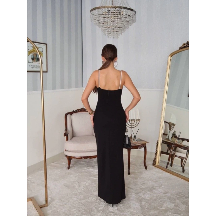 Kadın Omuz Askılı Derin Yırtmaç Detay Maxi Boy Elbise