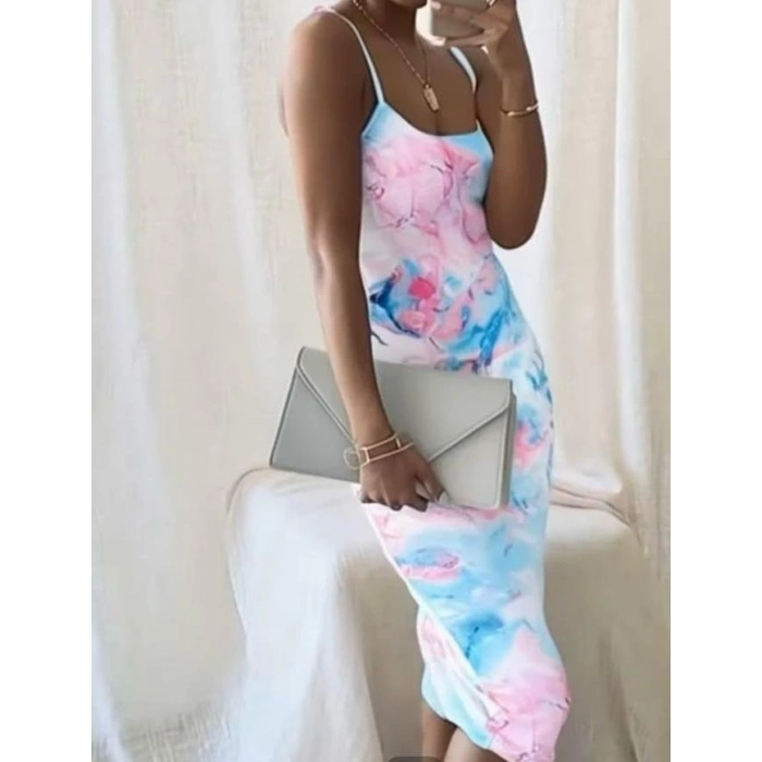 Kadın Omuz Askılı Dijital Baskılı Midi Boy Elbise