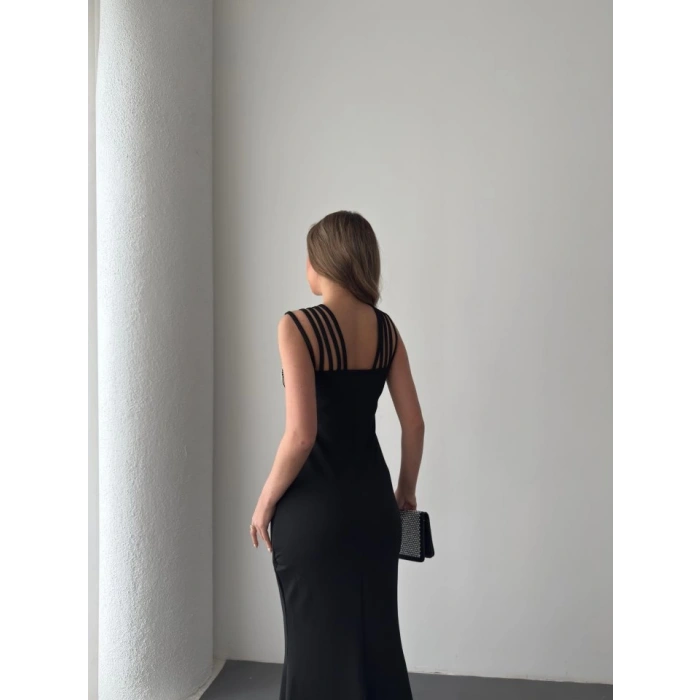 Kadın Omuz çoklu Askılı önü Taş Işlemeli Balık Kesim Janjan Krep Maxi Boy Elbise