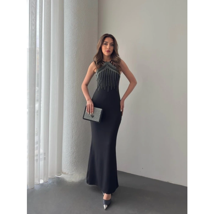 Kadın Omuz çoklu Askılı önü Taş Işlemeli Balık Kesim Janjan Krep Maxi Boy Elbise