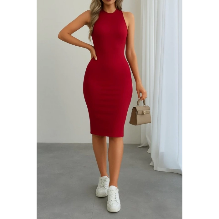 Kadın Omuzlardan Açık Bisiklet Yaka Janjan Krep Elbise