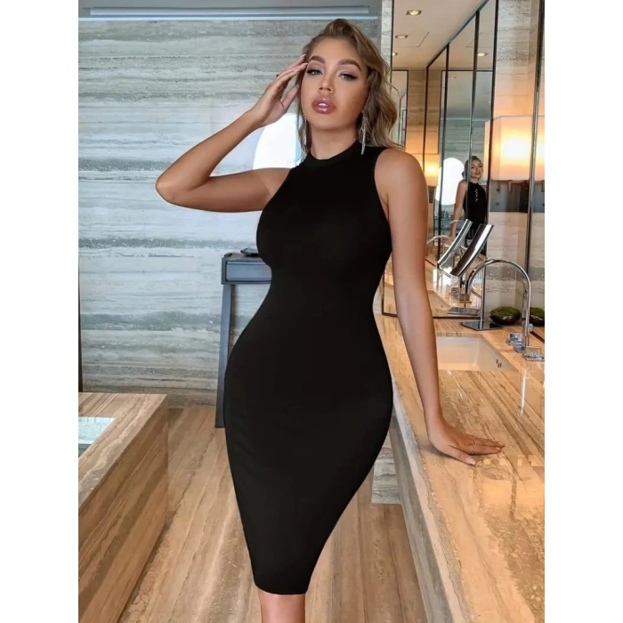 Kadın Omuzlardan Açık Bisiklet Yaka Janjan Krep Elbise