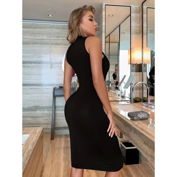 Kadın Omuzlardan Açık Bisiklet Yaka Janjan Krep Elbise