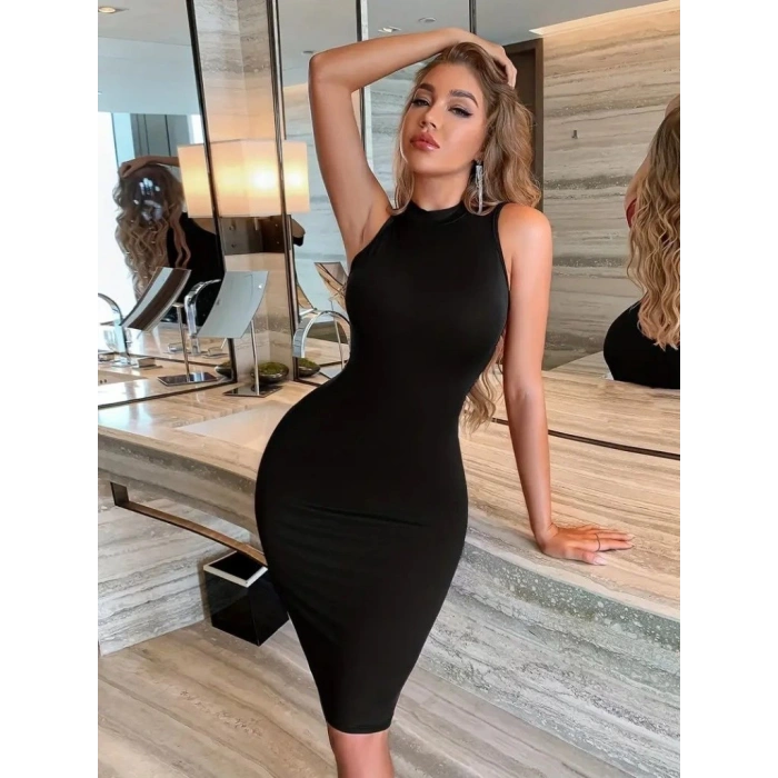 Kadın Omuzlardan Açık Bisiklet Yaka Janjan Krep Elbise