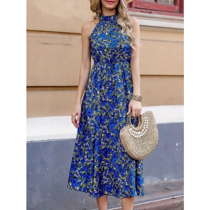 Kadın Omuzlardan Açık Daire Yaka Desenli Maxi Süprem Elbise