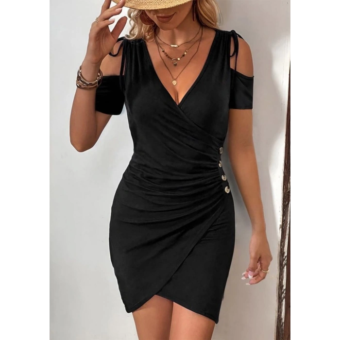 Kadın Omuzlardan Açık V Yakalı Kısa Kollu Yanlardan Büzgülü Düğme Detaylı Janjan Krep Elbise