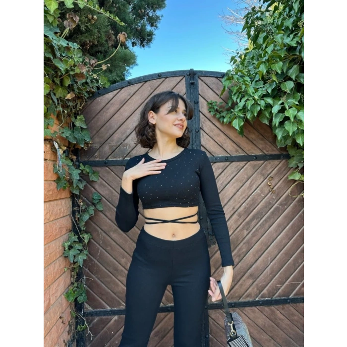 Kadın Paçası Yırtmaç Detaylı Taşlı Bel Bağlamalı Kaşkorse İkili Takım