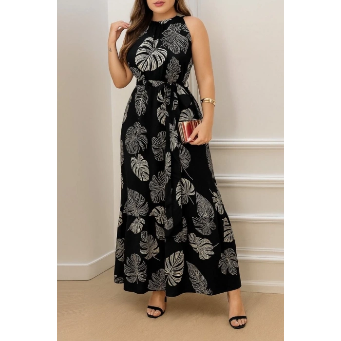 Kadın Sıfır Kok Bağcıklı Kemerli Etek Ucu Fırfırlı Desenli Süprem Elbise