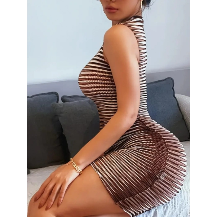 Kadın Sıfır Kol Desenli Mini Bodycon Dalgıç Elbise