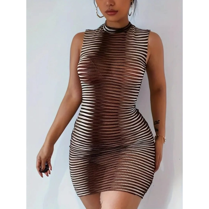 Kadın Sıfır Kol Desenli Mini Bodycon Dalgıç Elbise