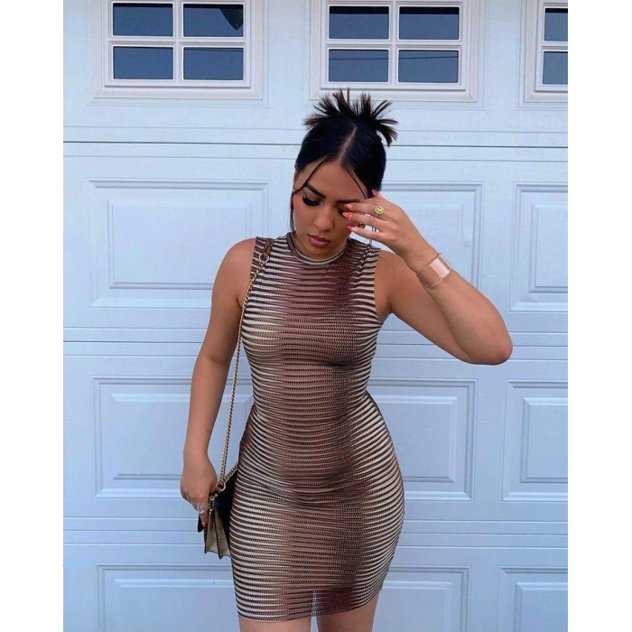 Kadın Sıfır Kol Desenli Mini Bodycon Dalgıç Elbise
