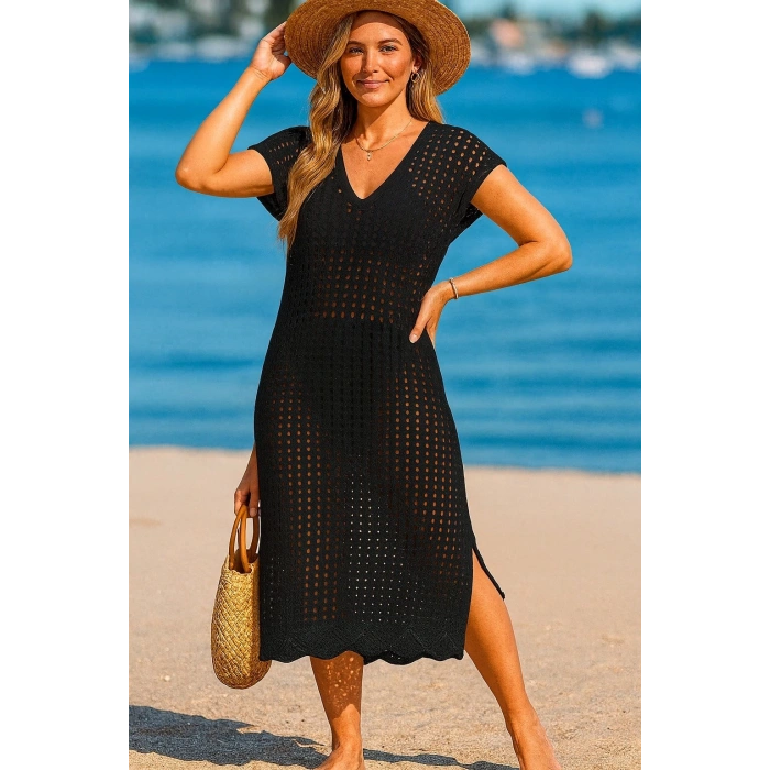 Kadın Sıfır Kol V Yaka Yanı Derin Yırtmaçlı Midi Boy Triko Elbise