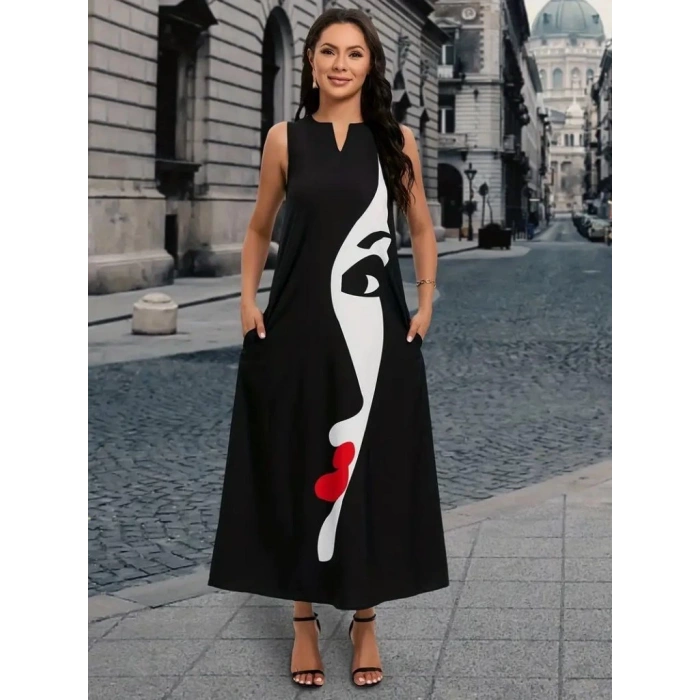 Kadın Sıfır Kol V Yakalı Kadın Yüz Desenli Süprem Elbise
