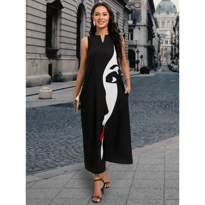 Kadın Sıfır Kol V Yakalı Kadın Yüz Desenli Süprem Elbise