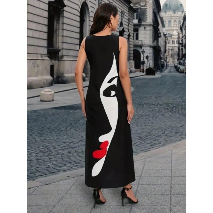 Kadın Sıfır Kol V Yakalı Kadın Yüz Desenli Süprem Elbise