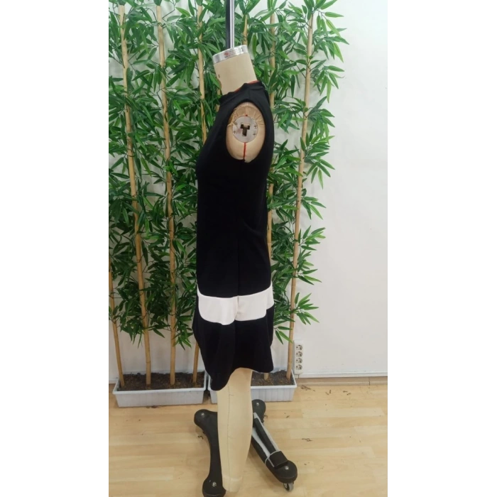 Kadın Sıfır Kol Yarı Balıkçı Yaka şerit Detaylı Ithal Krep Elbise