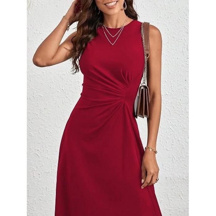 Kadın Sıfır Kollu Bisiklet Yaka Büzgülü Asimetrik Kesim Detaylı Janjan Krep Elbise