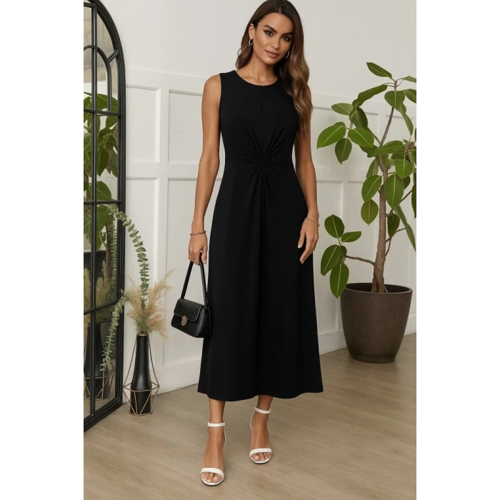 Kadın Sıfır Kollu Bisiklet Yaka Yandan Büzgü Detaylı Viskon Elbise