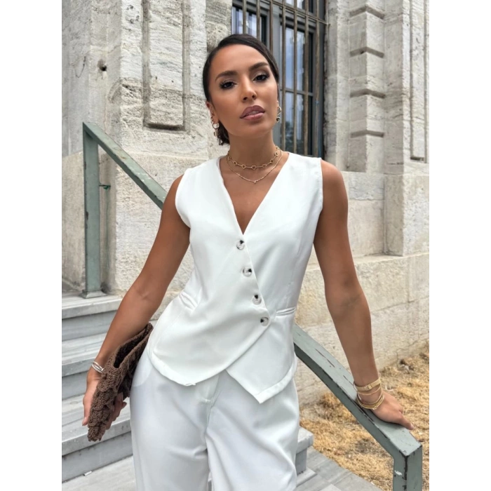 Kadın Sıfır Kollu çapraz V Yakalı önden Düğmeli Atlas Yelek Ve Pantolon Ikili Takım