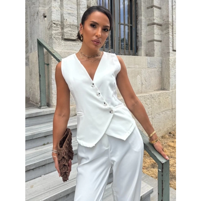 Kadın Sıfır Kollu çapraz V Yakalı önden Düğmeli Atlas Yelek Ve Pantolon Ikili Takım