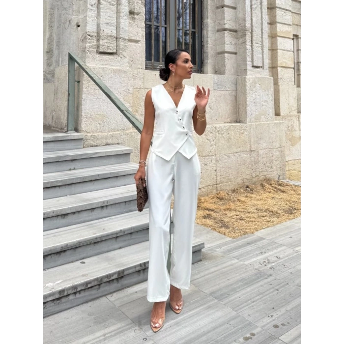 Kadın Sıfır Kollu çapraz V Yakalı önden Düğmeli Atlas Yelek Ve Pantolon Ikili Takım