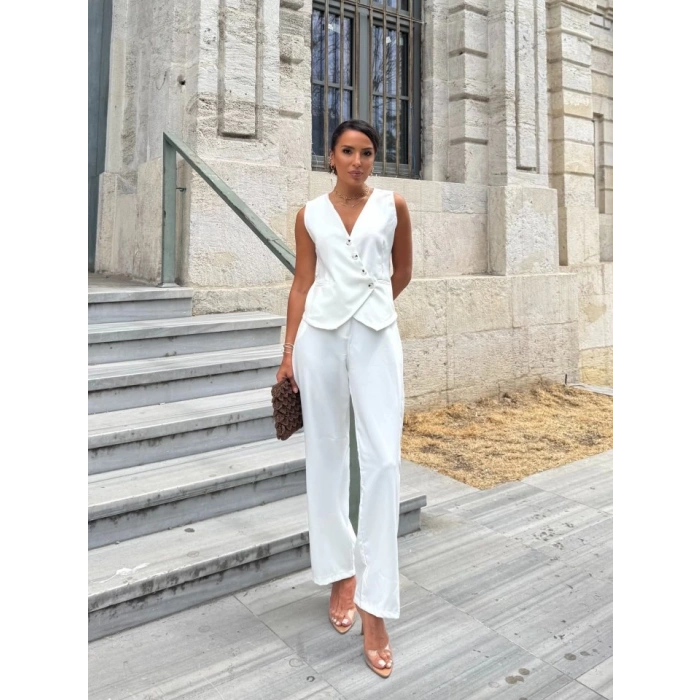 Kadın Sıfır Kollu çapraz V Yakalı önden Düğmeli Atlas Yelek Ve Pantolon Ikili Takım