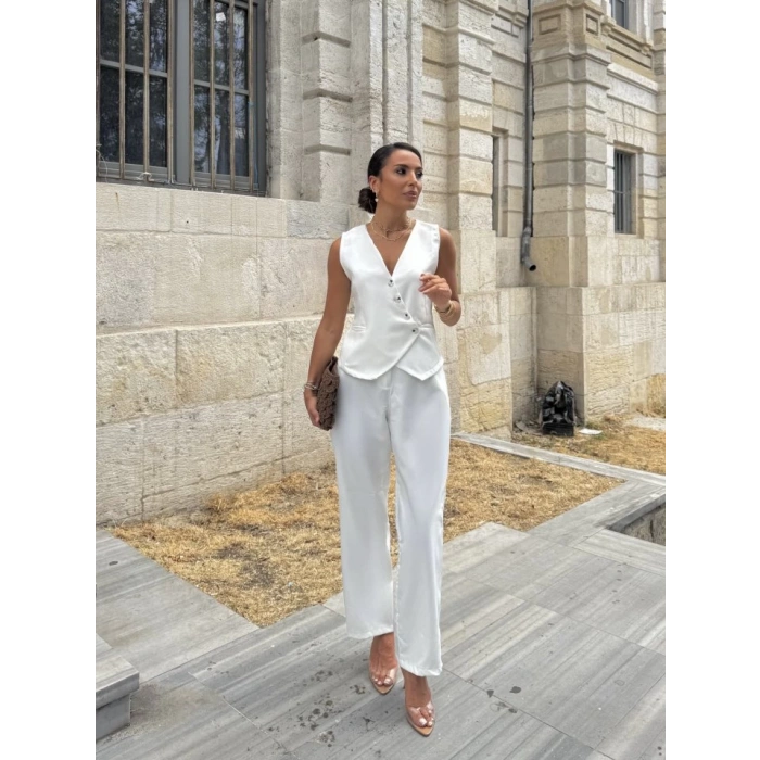 Kadın Sıfır Kollu çapraz V Yakalı önden Düğmeli Atlas Yelek Ve Pantolon Ikili Takım