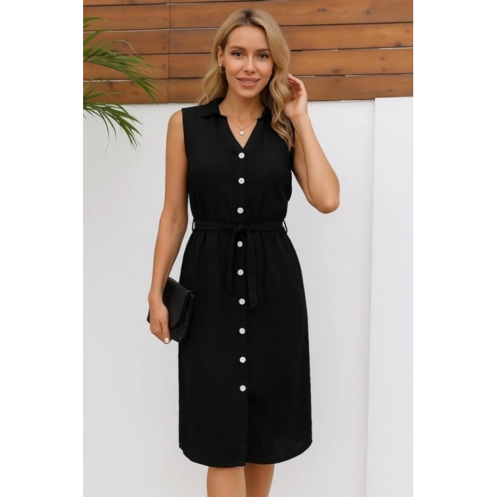 Kadın Sıfır Kollu Hakim Yaka önden Düğmeli Belden Kuşaklı Ithal Keten Elbise
