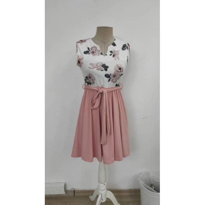 Kadın Sıfır Kollu V Yakalı çiçek Baskılı Beli Kuşaklı Dalgıç Elbise