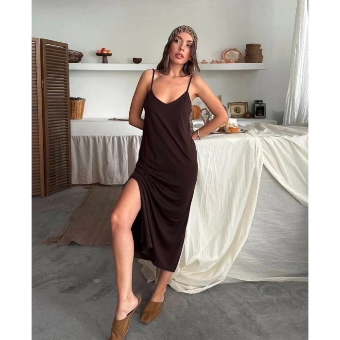 Kadın Siyah Asansör Askılı Çift Yırtmaçlı Helen Elbise