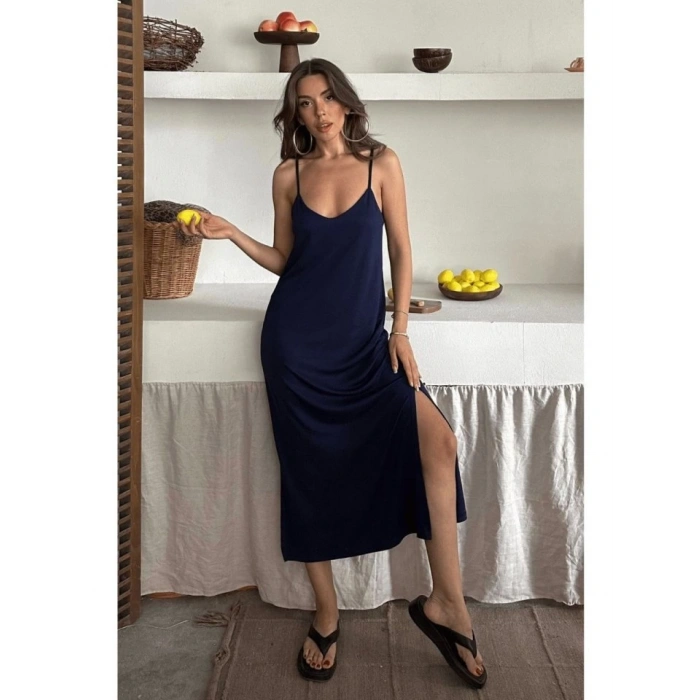 Kadın Siyah Asansör Askılı Çift Yırtmaçlı Helen Elbise