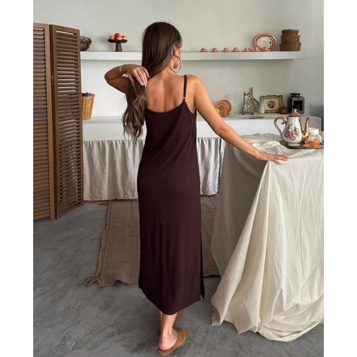 Kadın Siyah Asansör Askılı Çift Yırtmaçlı Helen Elbise