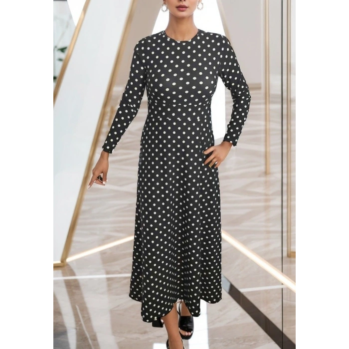 Kadın Siyah Tam Boy Beyaz Puantiyeli Elbise