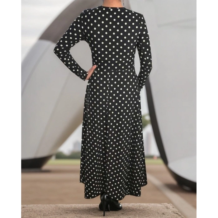 Kadın Siyah Tam Boy Beyaz Puantiyeli Elbise