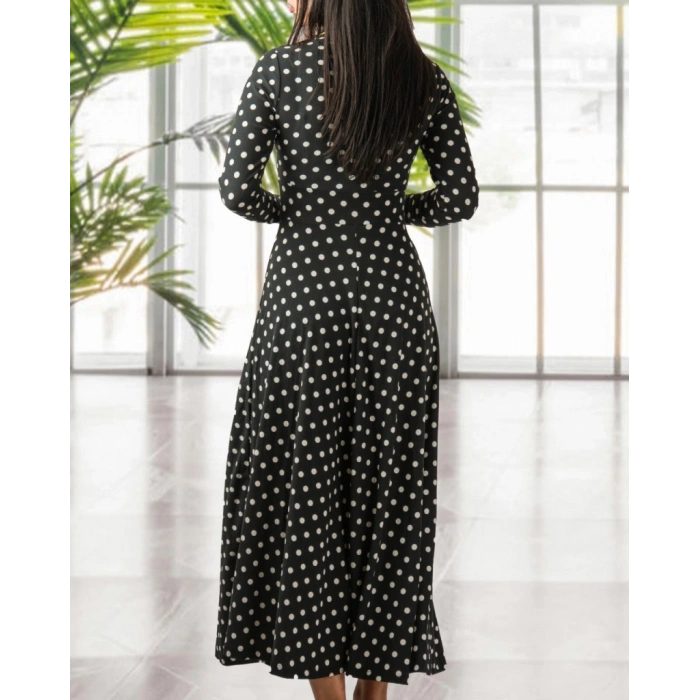 Kadın Siyah Tam Boy Beyaz Puantiyeli Elbise
