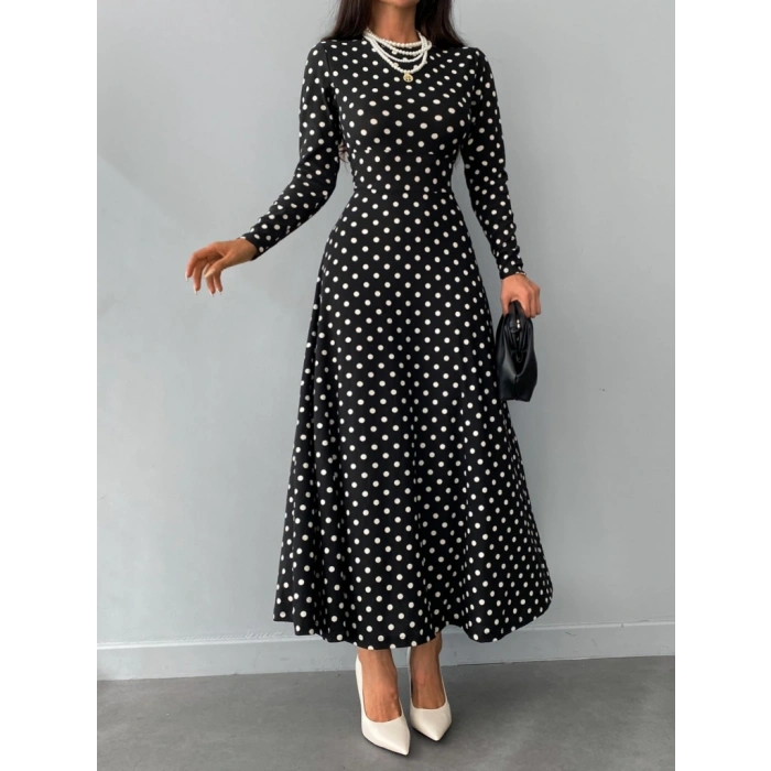 Kadın Siyah Tam Boy Beyaz Puantiyeli Elbise