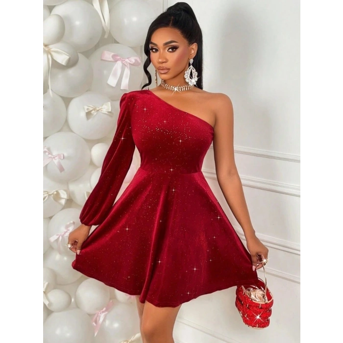 Kadın Tek Omuzdan Açık Uzun Kollu Taşlı Mini Elbise