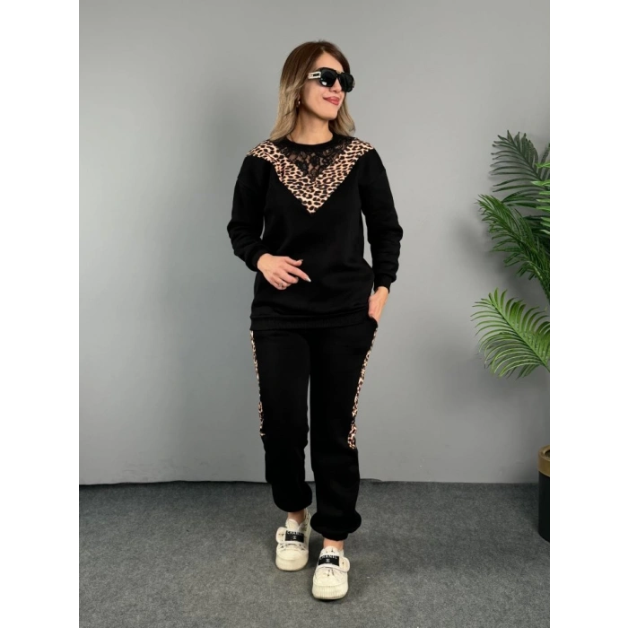 Kadın üç Iplik Kumaş Leopar Desenli Dantel Detaylı Ikili Takım