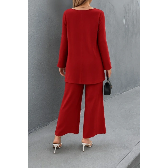 Kadın Uzun Kollu Asimetrik Detaylı Salaş Sandy Bluz Ve Pantolon Ikili Takım