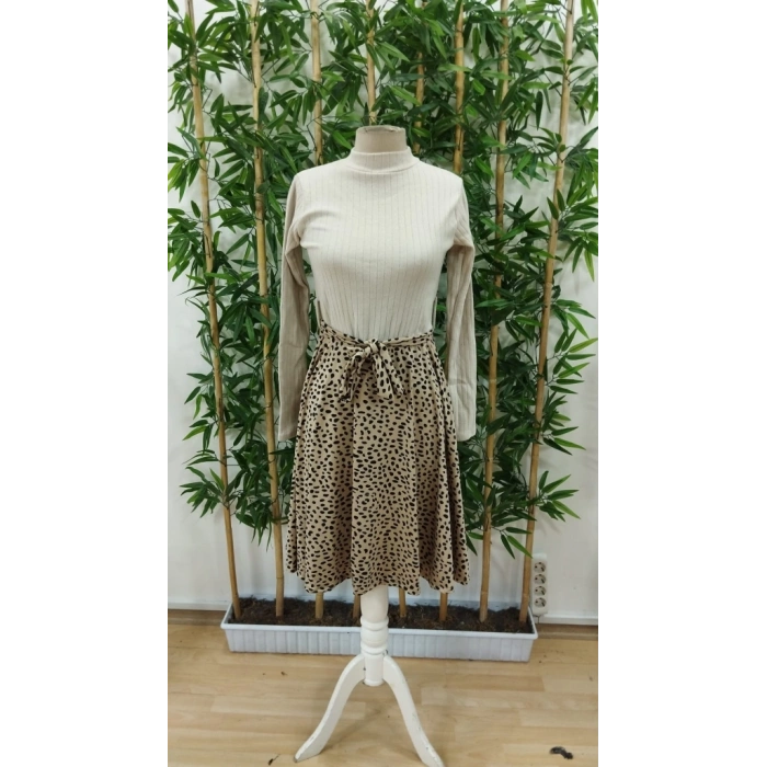 Kadın Uzun Kollu Balıkçı Yaka Belden Bağlamalı üst Kaşkorse Eteği Dalgıç Elbise