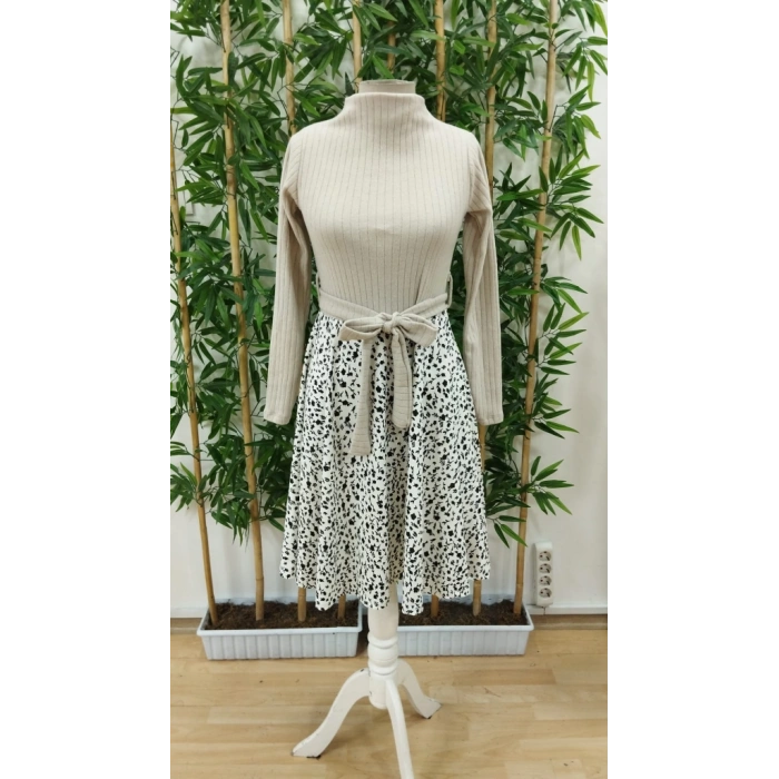 Kadın Uzun Kollu Balıkçı Yaka Belden Bağlamalı üst Kaşkorse Eteği Dalgıç Kısa Elbise