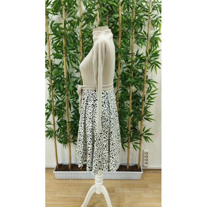 Kadın Uzun Kollu Balıkçı Yaka Belden Bağlamalı üst Kaşkorse Eteği Dalgıç Kısa Elbise