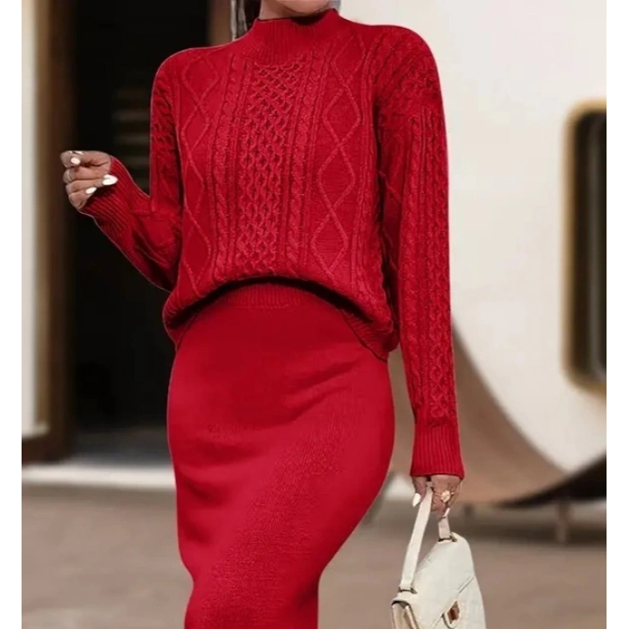 Kadın Uzun Kollu Balıkçı Yaka Bluz Ve Etek Ikili Triko Takım