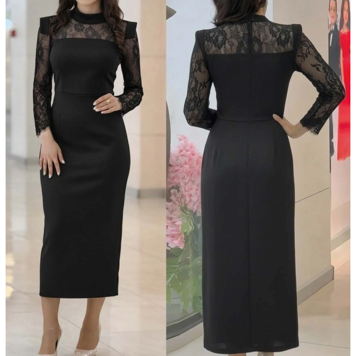 Kadın Uzun Kollu Balıkçı Yaka Dantel Detaylı Midi Ithal Krep Elbise