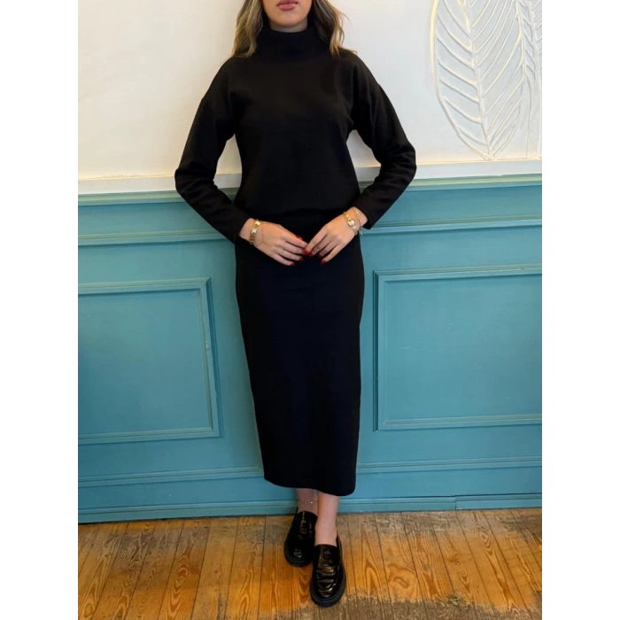 Kadın Uzun Kollu Balıkçı Yaka şardonlu Bluz Etek Takım