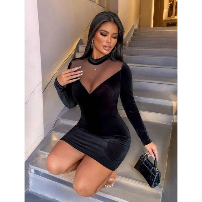 Kadın Uzun Kollu Balıkçı Yaka Tül Detaylı Mini Kadife Elbise