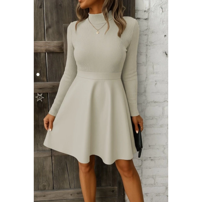 Kadın Uzun Kollu Balıkçı Yaka üst Kaşkorse Alt Deri Detaylı Mini Elbise