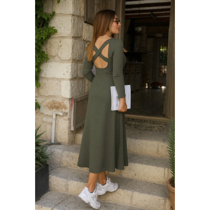 Kadın Uzun Kollu Bisiklet Yaka Arkası çapraz Detaylı Viskon Iki Iplik Maxi Elbise